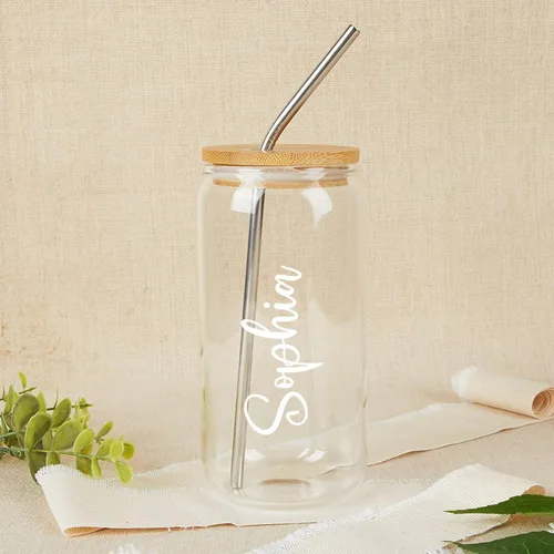 Miniatura 3 de Vaso de vidrio personalizado con popote y pajita, taza de café helado con nombre, regalo de fiesta nupcial, lata de vidrio personalizada de 16