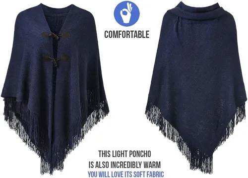Miniatura 3 de Ferand Poncho de ajuste holgado para mujer con elegantes botones de cuerno, cuello en V y dobladillo en V