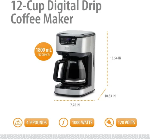 Miniatura 2 de Toastmaster Cafetera digital de goteo de 12 tazas, máquina de café automática programable, electrodoméstico de cocina con ajuste para mantener