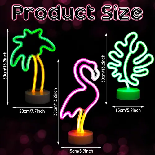 Miniatura 6 de Liliful Letrero de neón de flamenco, palmera de coco, luces de neón, hojas de palmera, funciona con pilas, alimentado por USB, con pedestal