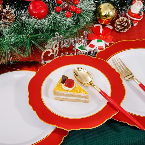 Miniatura 9 de WDF 30Guest - Platos de plástico rojo – cubiertos de plástico dorado con mango rojo – platos rojos desechables – Vajilla barroca de plástico