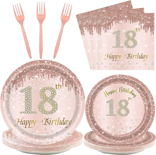 24 juegos de decoración de fiesta de cumpleaños de oro rosa para niñas de 18 años, platos y servilletas para cumpleaños, suministros de fiesta para