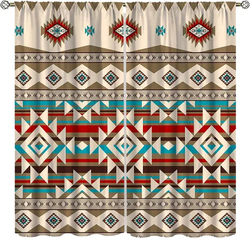 Miniatura 24 de YCness Cortinas aztecas, patrón étnico nativo nativo americano del suroeste, patrón étnico bohemio occidental geométrico para sala de estar