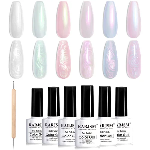 Miniatura 11 de RARJSM - Juego de esmaltes de uñas de gel perla, 6 colores: concha nacarada, purpurina, blanco, oro, rosa, verde, púrpura, con brillo de sirena