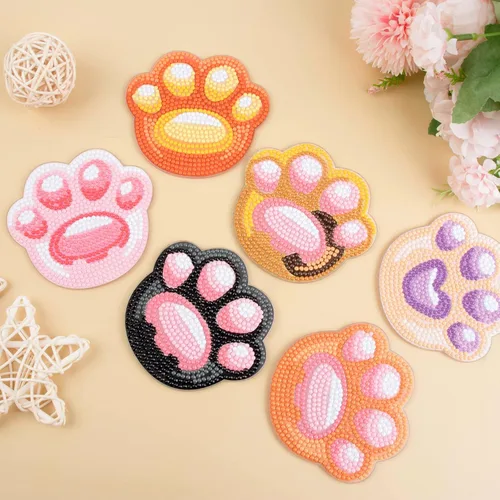 Miniatura 3 de MVVMTOP 6 posavasos de pintura de diamantes con soporte dimensional, formas especiales de bricolaje con forma especial de pata de gato, kits de arte