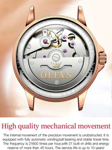 Miniatura 4 de OLEVS Relojes para mujer, mecánico automático, cuerda automática, oro rosa, reloj de mujer, vestido de diamante, pulsera de cerámica, impermeable