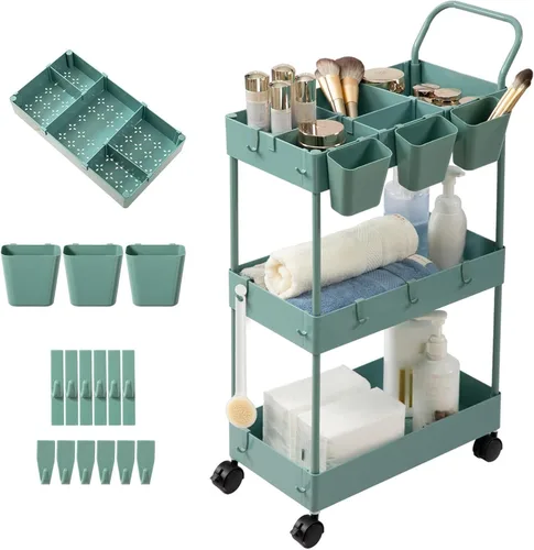 Miniatura 13 de danpinera Carrito de almacenamiento delgado, carrito rodante estrecho de 3 niveles con ruedas, organizador de baño con divisores, mango, ganchos