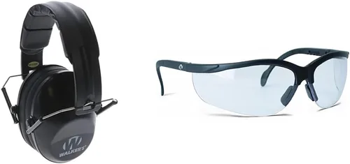 Walker's Game Ear Protección auditiva, orejera plegable, bajo perfil, negro, lente deportivo de policarbonato, alta calidad, medio marco, nariz de