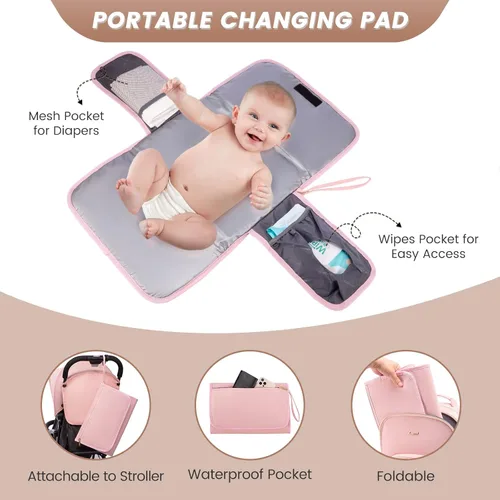 Miniatura 4 de LOVEVOOK Mochila para pañales, bolsa de bebé acolchada con cambiador y soporte para chupete, bolsas de pañales de viaje impermeables para bebés Rosa