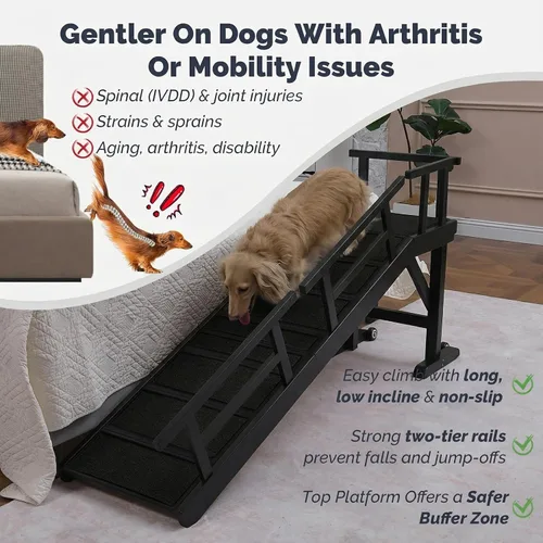 Miniatura 6 de Rampa para perros para cama o sofá, rampa de madera para mascotas con pendiente suave de 20°, rieles laterales extraíbles, superficie
