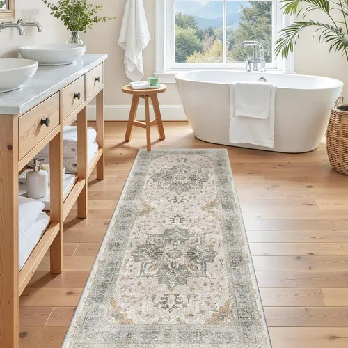 Miniatura 843 de Madane Tapete lavable de 2 x 10 pies para pasillo, cocina, recibidor, clásico, suave, antideslizante para interiores, casa de campo, baño, sala