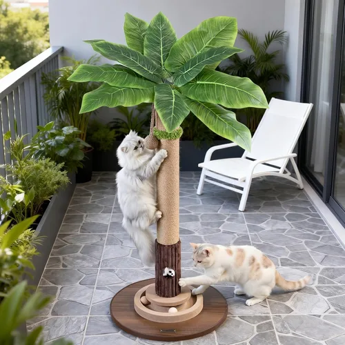 Miniatura 10 de WOOCHPET Rascador para gatos de interior de 35 pulgadas de alto, rascador de sisal para gatos con juguete de ratón y bolas de pista, base de madera