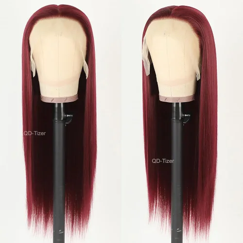 Miniatura 2 de QD-Tizer Pelucas de cabello sintético con encaje frontal de 13 x 6 pulgadas, sin pegamento, color rojo vino, color burdeos, pelucas de cabello largo