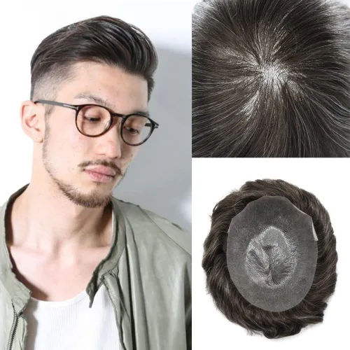 Miniatura 95 de 0.002 in ultra fina piel tupé Remy cabello humano piezas para hombres V-Looped sistema de pelo para hombre tupé pelo tupé para hombres protesis