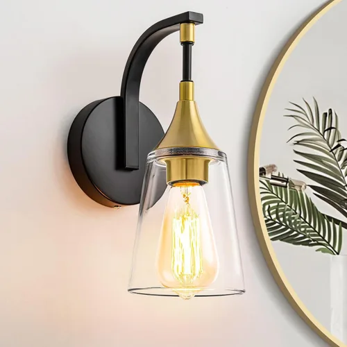Lámpara de pared de baño de 1 luz, lámpara de pared negra y dorada con pantalla de vidrio transparente, lámpara de pared moderna para interiores,