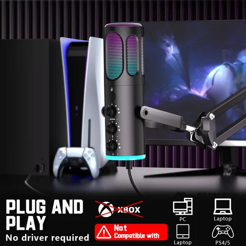 Miniatura 5 de Microfono para juegos, micrófono condensador USB para PC, PS4/5 y Mac, micrófono de computadora con cancelación de ruido, silencio, reverberación