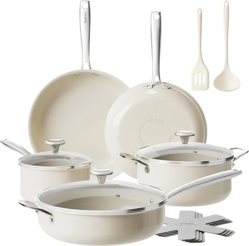 Redchef Juego de utensilios de cocina antiadherentes de cerámica, juego de 14 ollas y sartenes antiadherentes, utensilios de cocina de inducción con