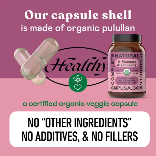 Miniatura 7 de Complete Natural Products Cápsulas orgánicas de D-manosa y arándano de 520 mg 100 unidades Soporte UT a base de plantas Vegano, sin OMG