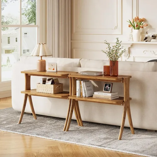 Miniatura 6 de LITTLE TREE Mesa auxiliar estrecha, mesa de centro de 2 niveles estilo granja con patas de madera maciza, mesa auxiliar pequeña, ahorradora