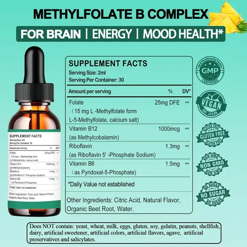 Miniatura 7 de Suplemento de metilfolato gotas líquidas, L Methy Folate 15mg Plus Methy B12, B6, B2 Multivitamínico, Metabólicamente Activo 5-MTHF