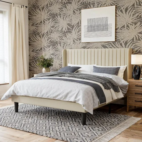 GOLDORO Base de cama tapizada de tamaño matrimonial con cabecera de ala capitonada de canal vertical, soporte de listones de madera, no necesita