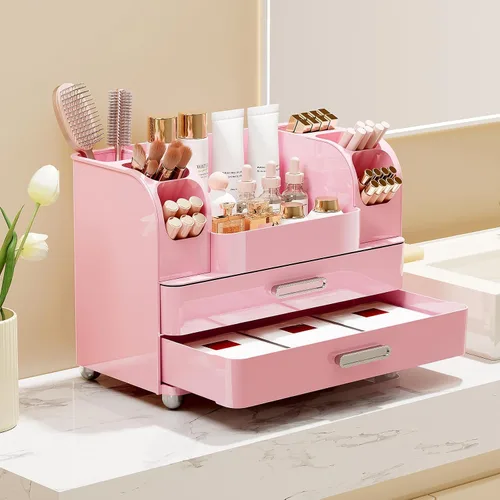 Miniatura 2 de UFORU Organizador de maquillaje para tocador con 2 cajones grandes, vitrina de cosméticos con soportes para cepillos, fácil de almacenar