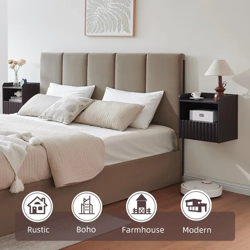 Miniatura 3 de BuildHom Moderna mesita de noche flotante acanalada montada en la pared, juego de 2 mesitas de noche con cajón de almacenamiento y estante