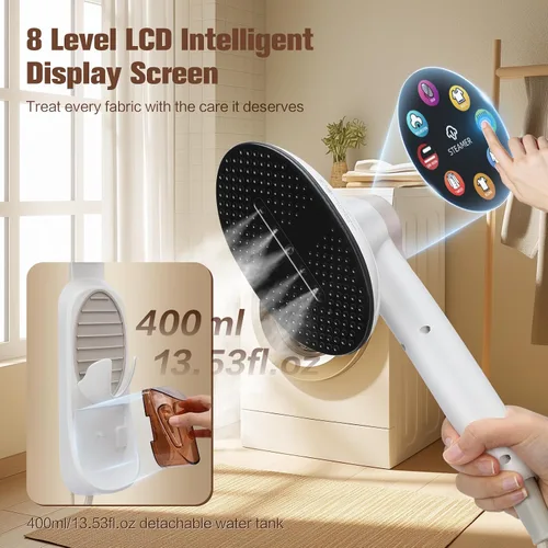 Miniatura 2 de Vaporizador de mano 2 en 1 para ropa y vidrio, vaporizador portátil de ropa de 1450 W con pantalla LCD inteligente, tanque grande de 13.5 fl oz, 8