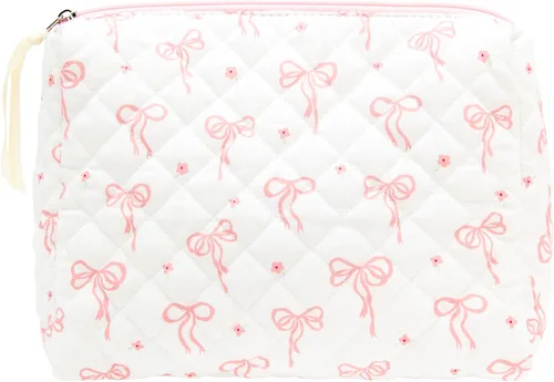 Miniatura 44 de PAZIMIIK - Bolsa de maquillaje de algodón para mujer, grande, acolchada para viaje, Rosa (Bow Pink), Vintage