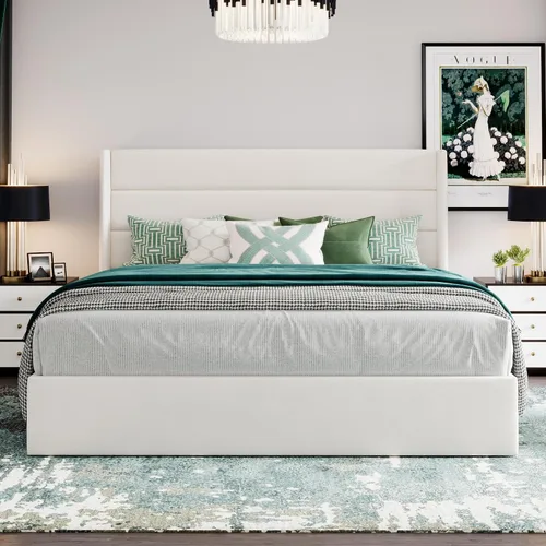 Miniatura 7 de SHA CERLIN Cama de Almacenamiento Elevable Tamaño King/Tapizada en Terciopelo/Cabecera Moderna con Respaldo de Ala/Marco de Cama Plataforma Blanco
