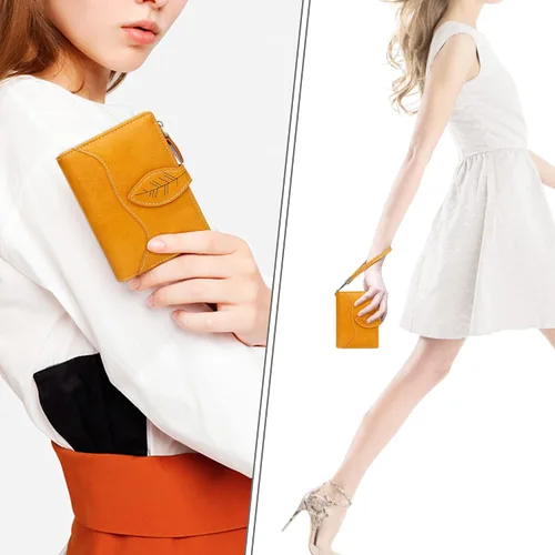 Miniatura 2 de CONISY Cartera pequeña para mujer, cartera compacta de cuero plegable con correa de muñeca con bloqueo RFID para mujer, Amarillo, Casual, clásico