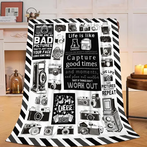 Yibuda Manta Retro de Cámara Fotografía de Franela, Manta de Forro Polar Suave y Acogedora, Decoración en Blanco y Negro, Manta de Felpa para