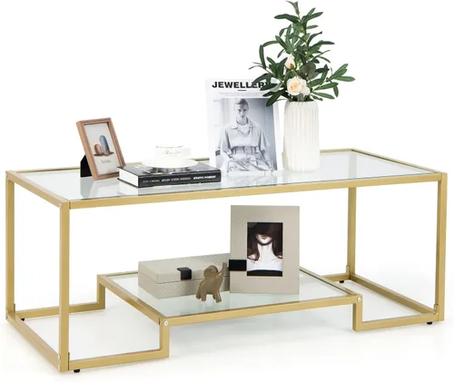 Tangkula Mesa auxiliar rectangular de vidrio, mesa central de vidrio templado moderna de 45 pulgadas de ancho con marco de acero dorado, mesa