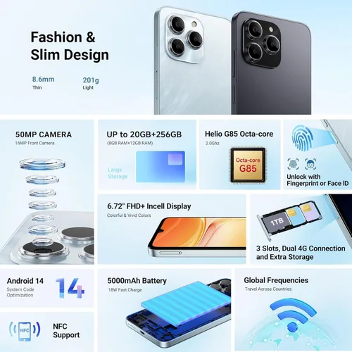 Miniatura 7 de FOSSIBOT Teléfono celular S2 desbloqueado, pantalla FHD+ de 6.72 pulgadas, 20 (8+12 GB)+256 GB /1 TB TF, batería de 5000 mAh, cámara de 50 MP+16 MP