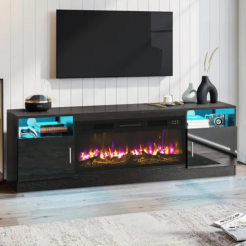 Miniatura 9 de PUKAMI Soporte de TV con chimenea de 18 pulgadas para sala de estar, centro de entretenimiento de 58 pulgadas con luces para las patas, gabinete