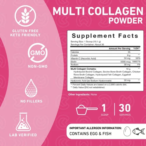 Miniatura 5 de PUREFINITY Péptidos de colágeno para mujeres, tipo I, II, III, V y X con biotina y ácido hialurónico, apoya la piel, huesos, cabello y uñas