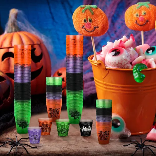 Miniatura 7 de Sunnyray 48 vasos de chupito de plástico para Halloween a granel de 2 onzas de plástico duro transparente, vasos desechables coloridos de sabor