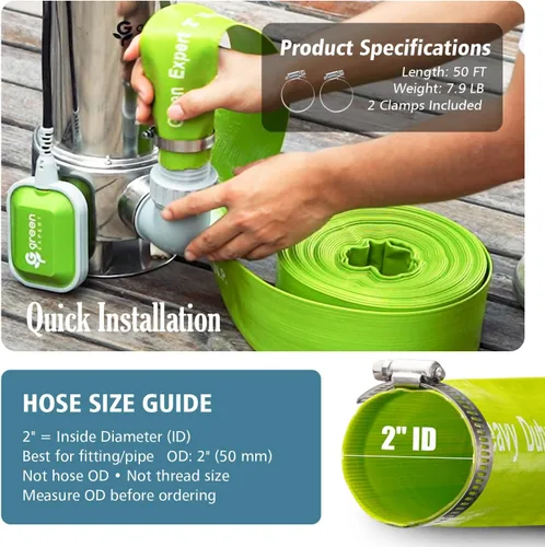 Miniatura 2 de Manguera de descarga plana Green Expert de 2 pulgadas ID, 50 pies con abrazaderas, manguera de drenaje de agua de PVC reforzado de alta resistencia
