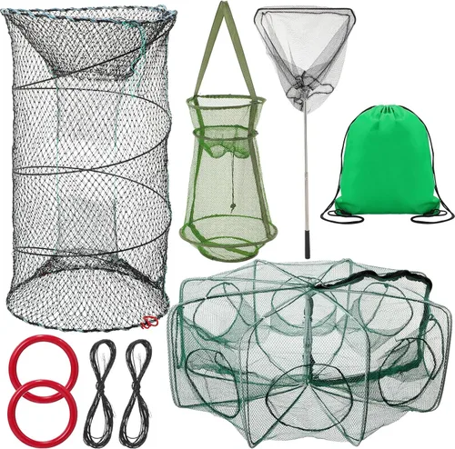 JaGely 5 accesorios de red de pesca que incluyen red de aterrizaje de pesca con asa, red de fundición plegable portátil de 26 x 13 pulgadas, 8