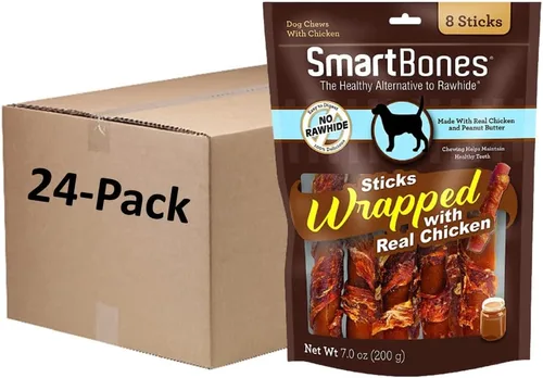 SmartBones Palitos envueltos en pollo para perros con mantequilla de maní real, sin piel cruda, 8 unidades (paquete de 24)
