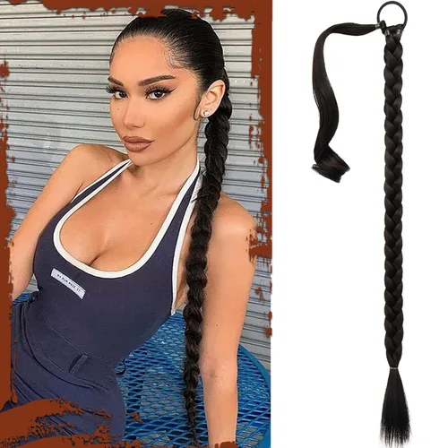 Miniatura 7 de Sofeiyan Extensión de cola de caballo de trenza larga con banda para el cabello, lacio, elegante, envolvente, extensiones de cabello trenzado, cola