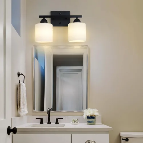 Miniatura 6 de Mecgirn Luces de tocador de vidrio esmerilado para baño, 2 luminarias de baño negro mate sobre espejo, portalámparas E26 de cerámica montados