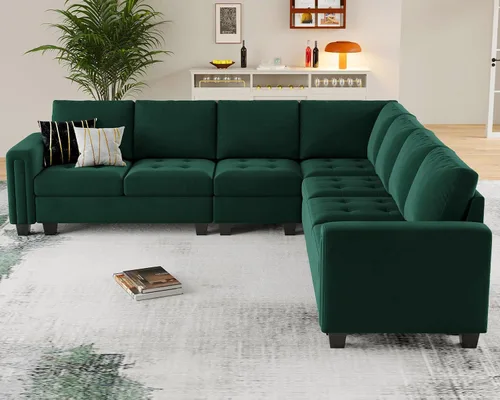 Miniatura 3 de Belffin Sofá modular de terciopelo en forma de L, sofá seccional convertible de gran tamaño con diván reversible para sala de estar, verde