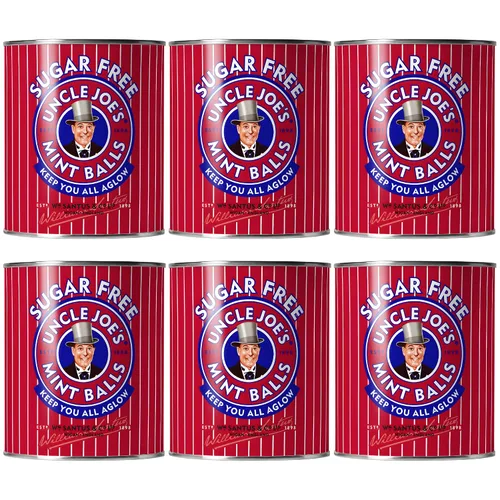 Uncle Joe's Bolas de menta sin azúcar | Latas de caramelo duro británico | Cocidas a mano en fuego abierto | Sin gluten y vegano | Envueltas