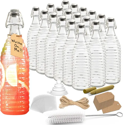 Miniatura 13 de Nevlers, juego de 6 botellas de vidrio con tapa abatible de 33 oz con puntos Botellas de vidrio transparentes de 1 litro con tapa, envoltura