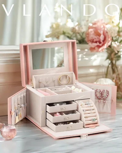 Miniatura 7 de Vlando Joyero de piel sintética, organizador mediano de joyería, regalo vintage para mujer, patrón de cruz rosa