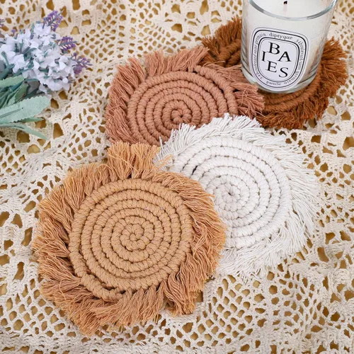 Miniatura 3 de Whaline Juego de 4 posavasos de macramé bohemios tejidos hechos a mano para bebidas, tapete bohemio con borla para tipos de tazas y tazas, café