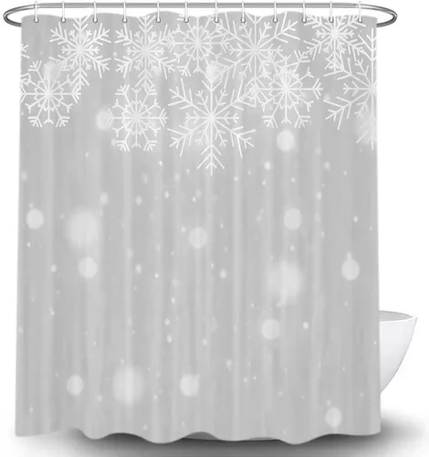 Miniatura 3 de DYNH Juego de cortinas de ducha con fondo de Navidad, diseño de copo de nieve blanco y plateado, cortinas de baño de tela de alta calidad
