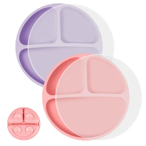 Vicloon Plato de vajilla para niños pequeños, 2 piezas de placa de silicona con compartimentos divididos, placas de succión para bebés y niños Rosa