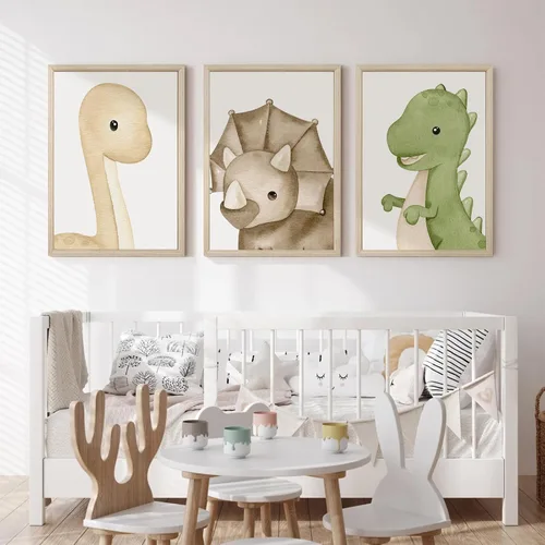 Miniatura 6 de Arte de pared de dinosaurio para habitación de niños, lienzo para decoración de pared de dinosaurio para niños, arte de pared de guardería